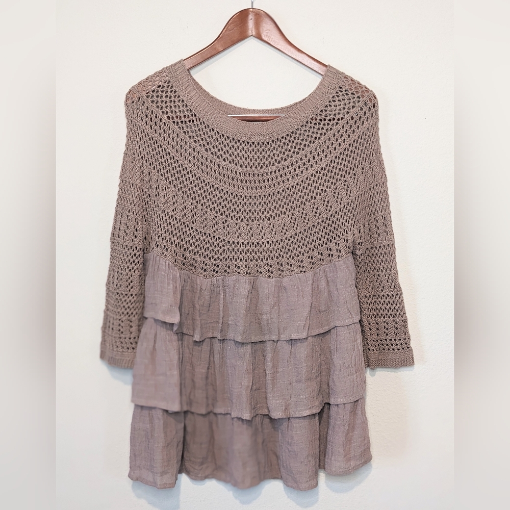 Entro L Dusty Rose Blush Pink Boho Tier Ruffle Gypsy Tunic Top Crochet Sweater